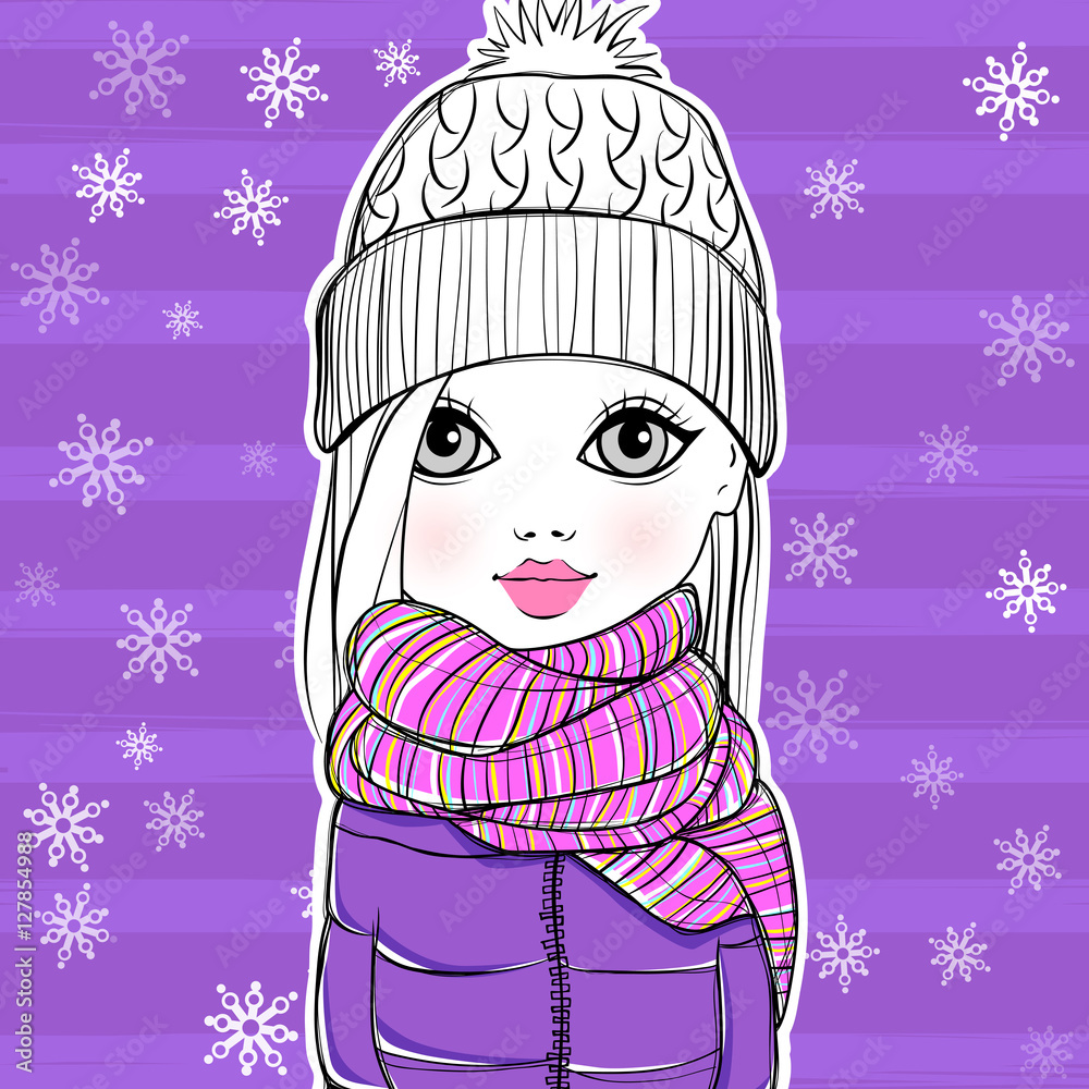 Cute vector fashion girl. Fashionable teen. Cartoon lady. Colorful sketch illustration. Little model. Winter casual look. Cute vector fashion girl. Fashionable teen. Cartoon lady. Colorful sketch illustration. Little model. Winter casual look.