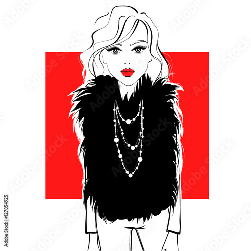 Vogue illustration. Fashion design with beauty model. Vector girl in fur coat. Contrast picture with young women. Cover girl. Fashionable lady with red lips. Model posing on red square. 