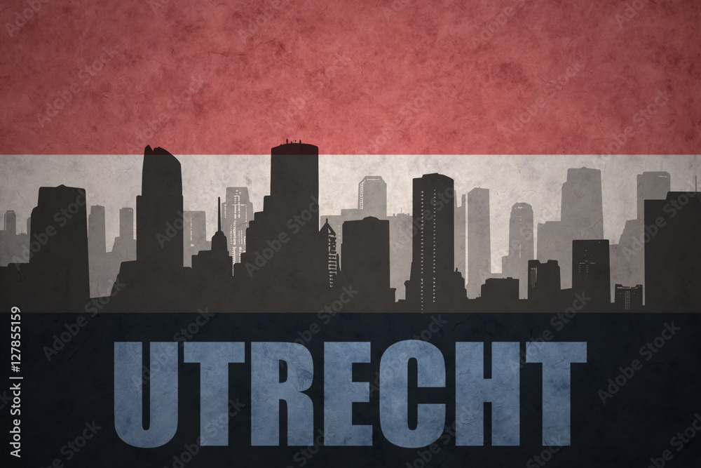 abstract silhouette of the city with text Utrecht at the vintage dutch flag