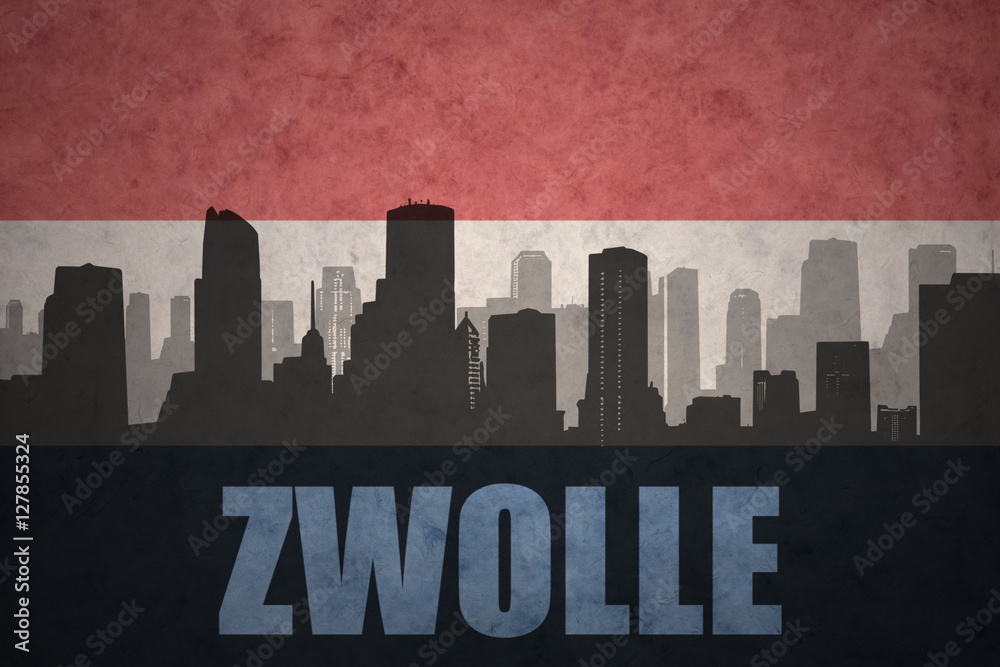 abstract silhouette of the city with text Zwolle at the vintage dutch flag