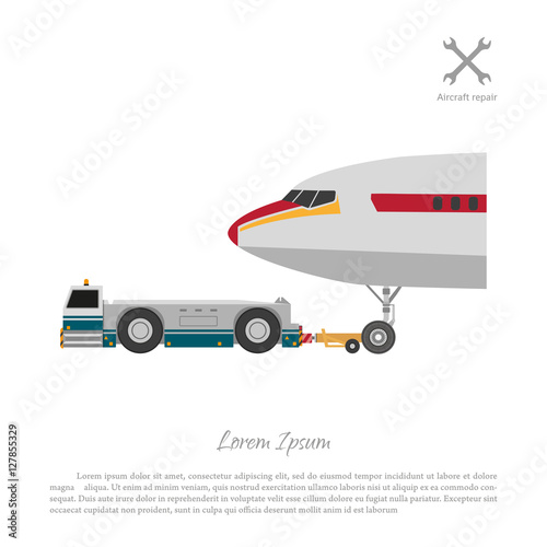 Repair and maintenance of aircraft. Tractor towing airplane