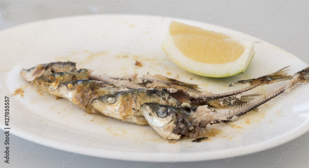 Foto de Bones of five eaten Sardines, on a white plate. with the head