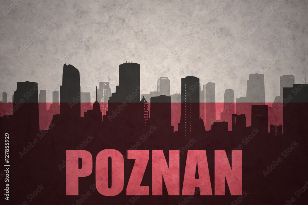 abstract silhouette of the city with text Poznan at the vintage polish flag