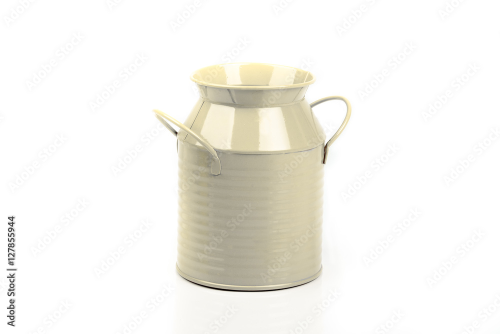 Beige iron/metal can/ bucket/pail/container with handles isolated on white background. Colorful kid child toys. Garden equipment. Food storage tray. Side view. Closeup. Beige iron/metal can/ bucket/pail/container with handles isolated on white background. Colorful kid child toys. Garden equipment. Food storage tray. Side view. Closeup.