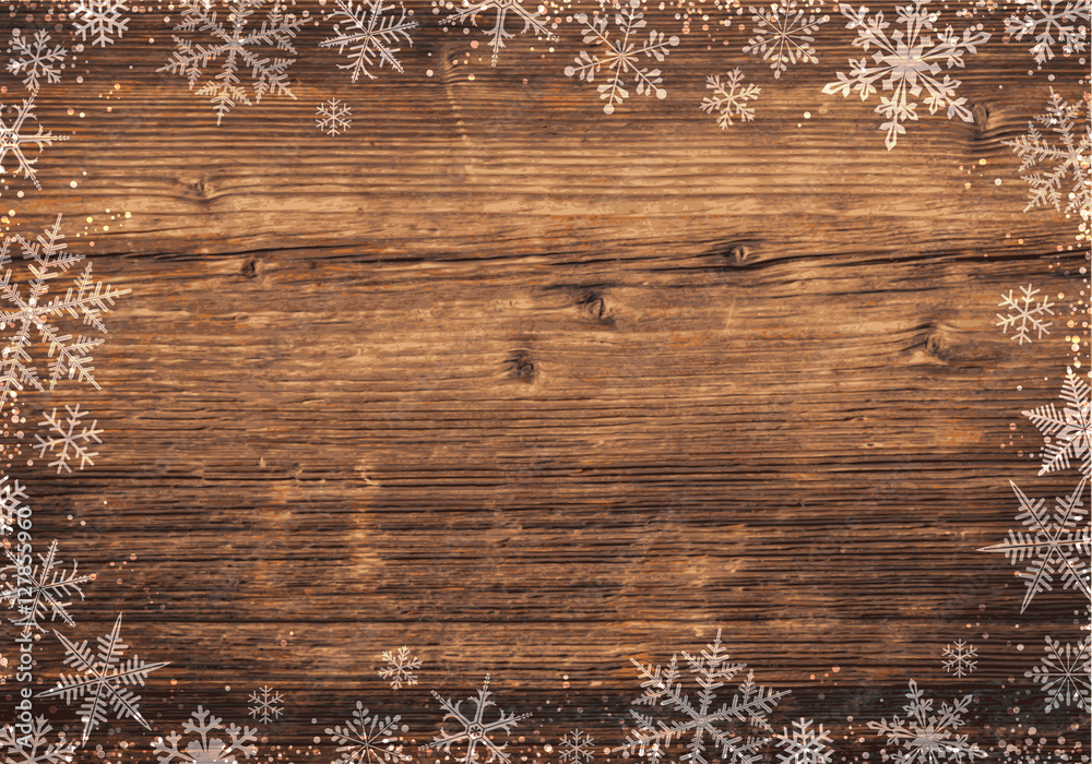 Winter Hintergrund für Weihnachten mit Schneeflocken / Eiskristallen auf  rustikalem Holz Stock-Vektorgrafik | Adobe Stock