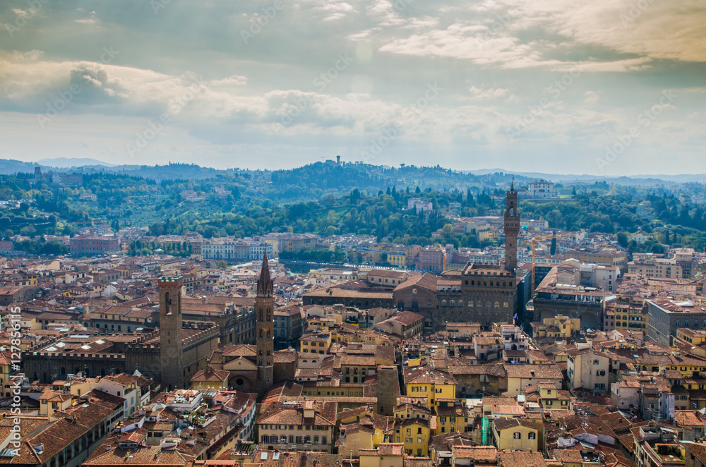 High angle view of rooftops, architecture and landmark buildings of Florence, Tuscany, Italy