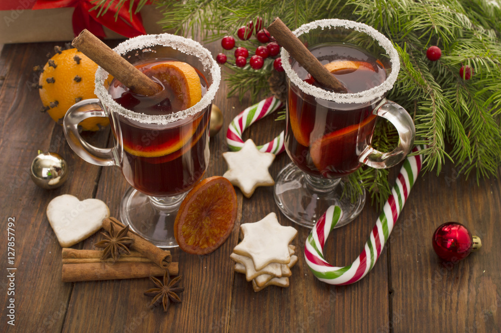 Christmas mulled wine, cookies, spices and ornaments Christmas mulled wine, cookies, spices and ornaments