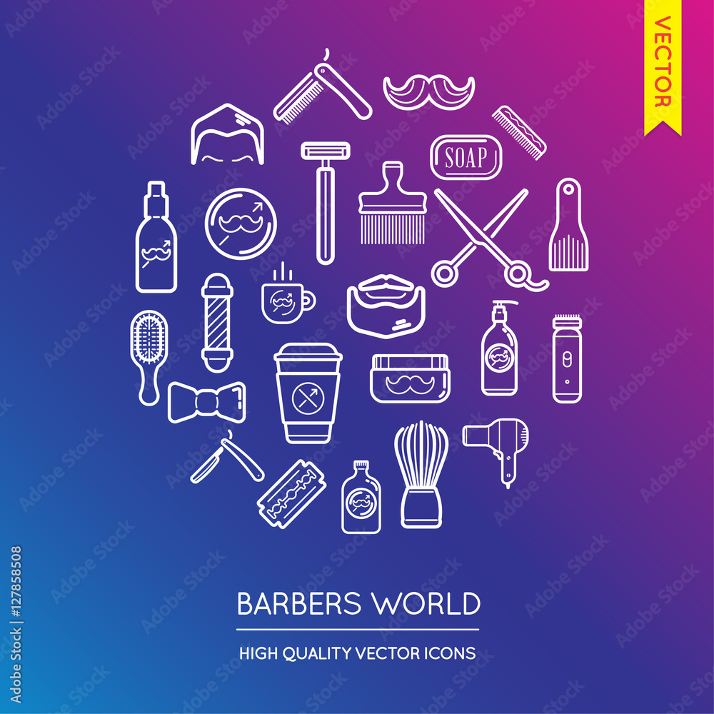 Vector Set of Barber Shop Modern Flat Thin Icons Inscribed in Ro