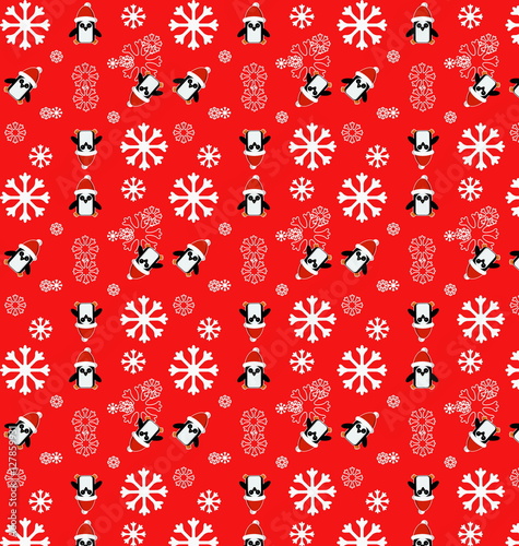 Penguin pattern with snowflakes (red background)	
