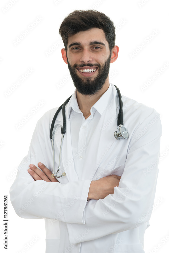 Young serious handsome bearded doctor with white coat and stethoscope. Young serious handsome bearded doctor with white coat and stethoscope.
