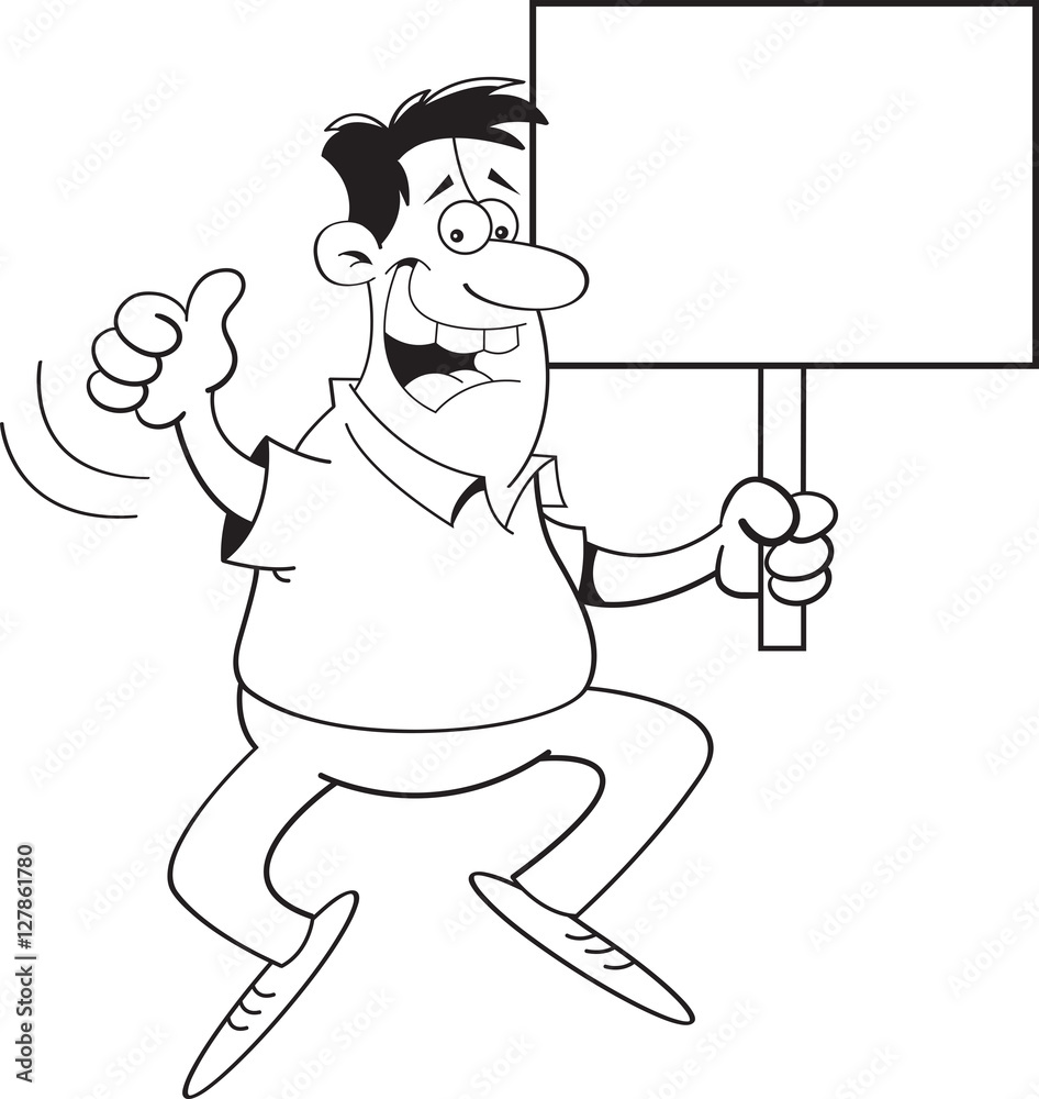 Black and white illustration of a man jumping with a sign.