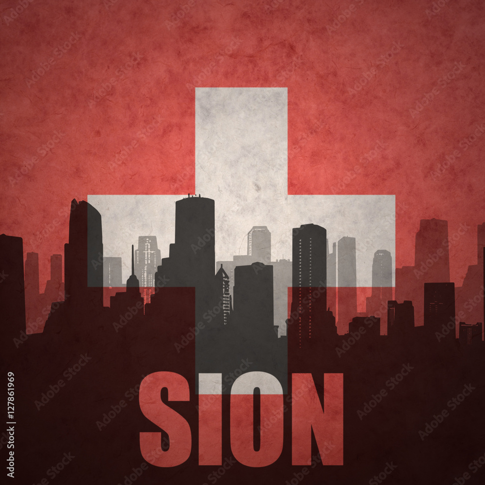 abstract silhouette of the city with text Sion at the vintage swiss flag