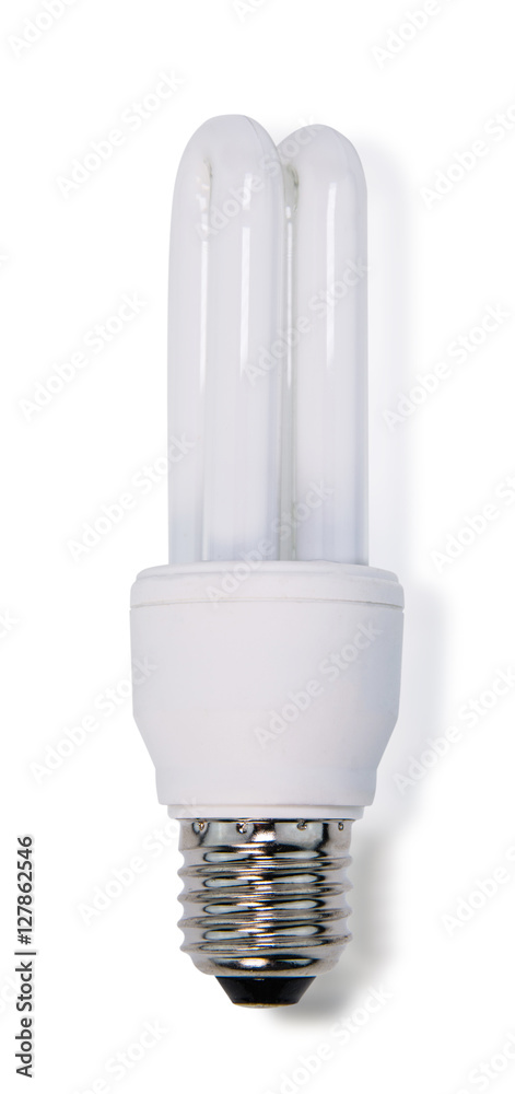 white energy saving bulb, Illuminated light bulb, CFL bulb, Realistic photo image on white background white energy saving bulb, Illuminated light bulb, CFL bulb, Realistic photo image on white background