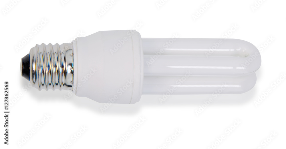 white energy saving bulb, Illuminated light bulb, CFL bulb, Realistic photo image on white background white energy saving bulb, Illuminated light bulb, CFL bulb, Realistic photo image on white background