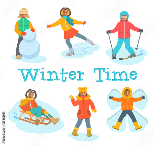 African kids play snow. Children in warm clothes play winter outdoor games. Boy makes snowman, snow angel, skiing, girl skating on ice, playing snowballs, slides on sled. Vector cartoon