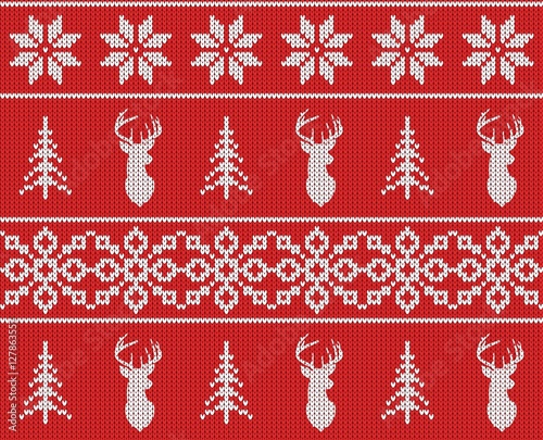 Scandinavian christmas winter seamless knitted pattern. Head deer silhouette or reindeer, snowflake and christmas tree. White pixel images with red background. Vector illustration.