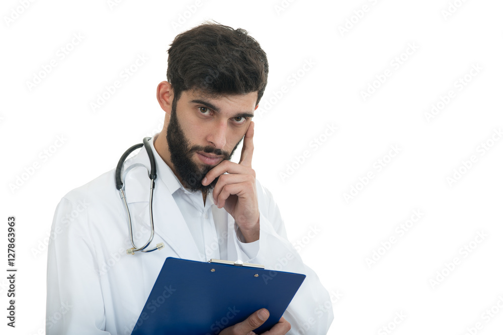 Male Doctor standing with folder, isolated on white background Male Doctor standing with folder, isolated on white background