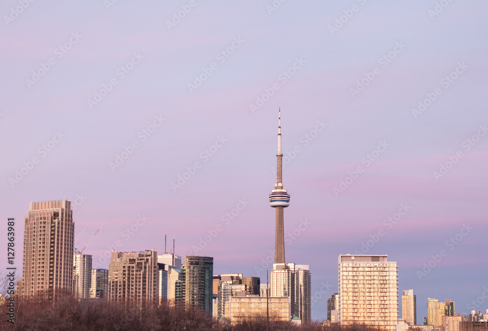 Skyline of the Canadian city of Toronto during the sunset with a