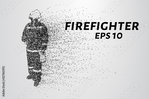 Firefighter of the particles. The fireman consists of dots and circles. Vector illustration