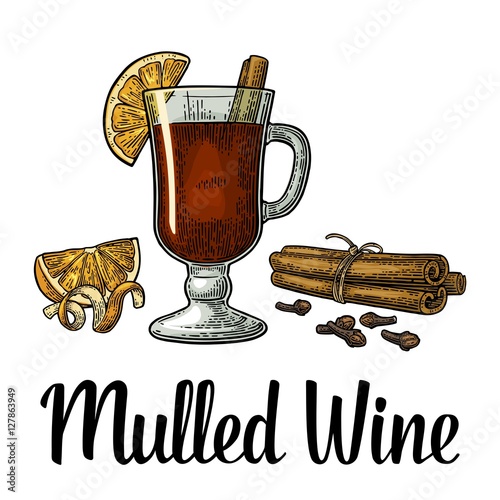 Mulled wine with glass and ingredients. Cinnamon stick, clove, lemon slice and peel twirled. Isolated on white background. 