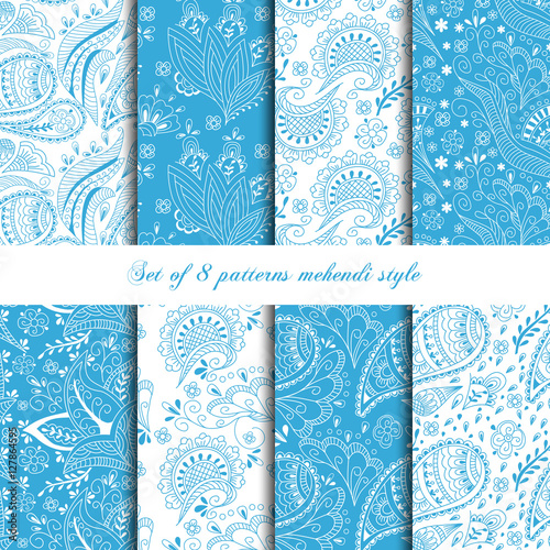 Collection 8 seamless pattern mehendi style in blue color. Design for fashion, textile, web and other decor.