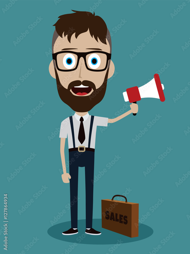 Vector illustration trendy flat style cartoon man holding megaphone and loudspeaker business advertising and promotion concept Vector illustration trendy flat style cartoon man holding megaphone and loudspeaker business advertising and promotion concept