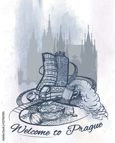 Canvas Print Welcome to Prague poster, banner, sticker with Czech capital landmarks