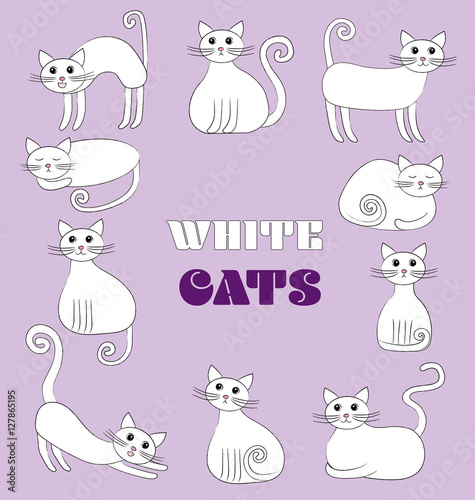 Fototapeta Naklejka Na Ścianę i Meble -  Illustration of white funny cats on the violet background