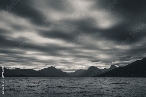 Lake McDonald on an overcast day. Black and white.