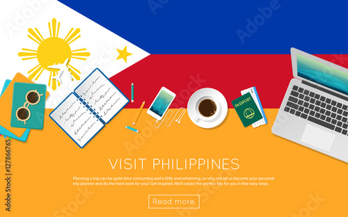 Visit Philippines concept for your web banner or print materials. Top view of a laptop, sunglasses and coffee cup on Philippines national flag. Flat style travel planninng website header.