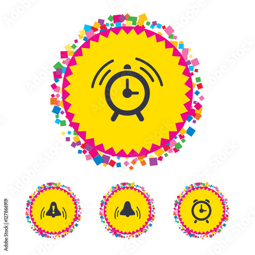 Web buttons with confetti pieces. Alarm clock icons. Wake up bell signs symbols. Exclamation mark. Bright stylish design. Vector