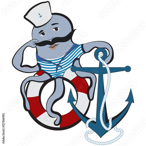 Octopus sailor lifesaver with anchor and lifebuoy