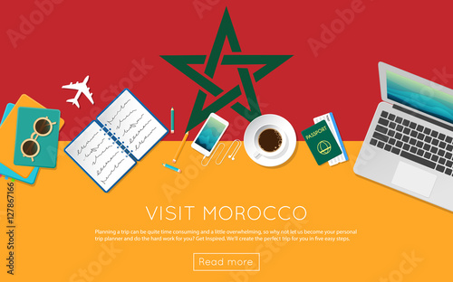 Visit Morocco concept for your web banner or print materials. Top view of a laptop, sunglasses and coffee cup on Morocco national flag. Flat style travel planninng website header.