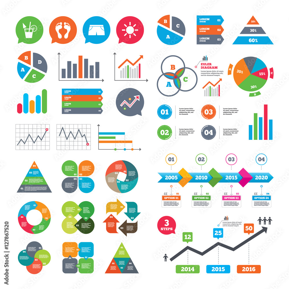 Business charts. Growth graph. Beach holidays icons. Cocktail, human footprints and swimming trunks signs. Summer sun symbol. Market report presentation. Vector Business charts. Growth graph. Beach holidays icons. Cocktail, human footprints and swimming trunks signs. Summer sun symbol. Market report presentation. Vector