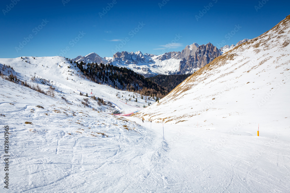 Ski slopes between ski resorts Ciampac and Buffaure, Val di Fassa, Dolomiten, Italy