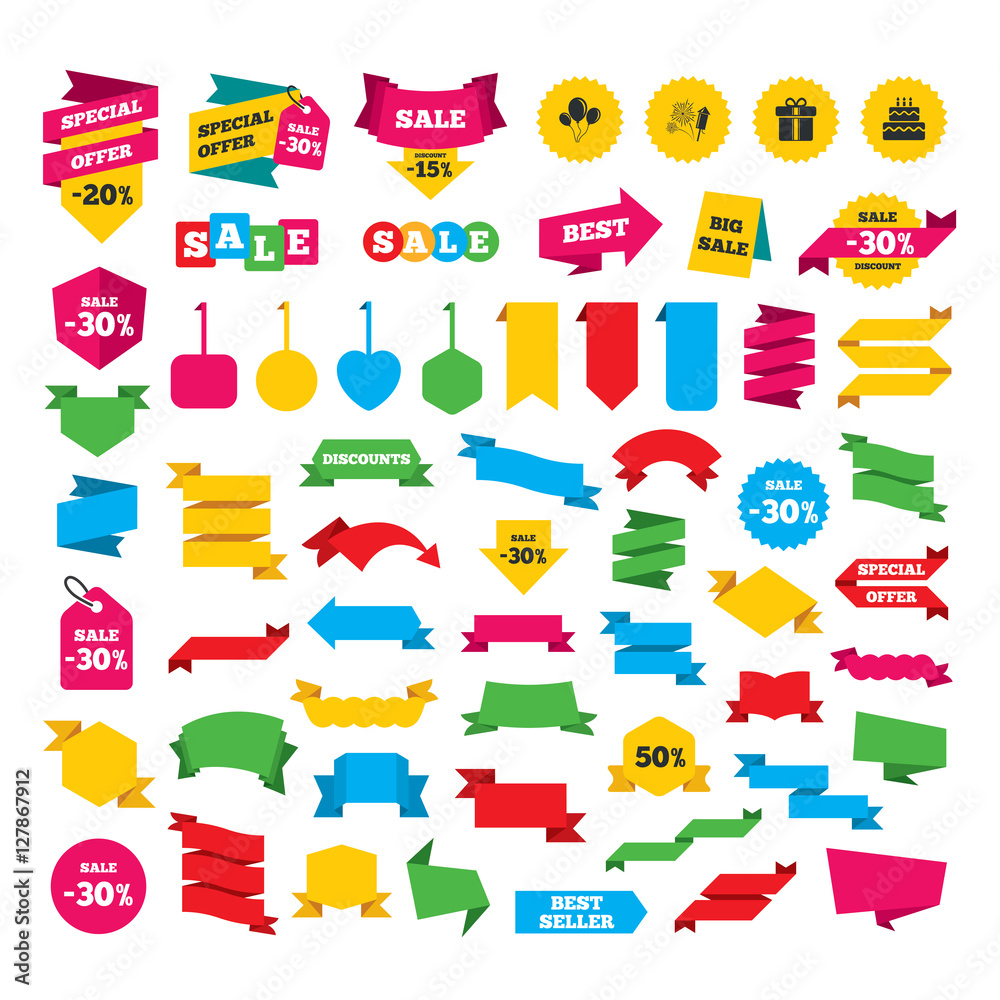 Web stickers, banners and labels. Birthday party icons. Cake and gift box signs. Air balloons and fireworks symbol. Special offer tags. Vector Web stickers, banners and labels. Birthday party icons. Cake and gift box signs. Air balloons and fireworks symbol. Special offer tags. Vector