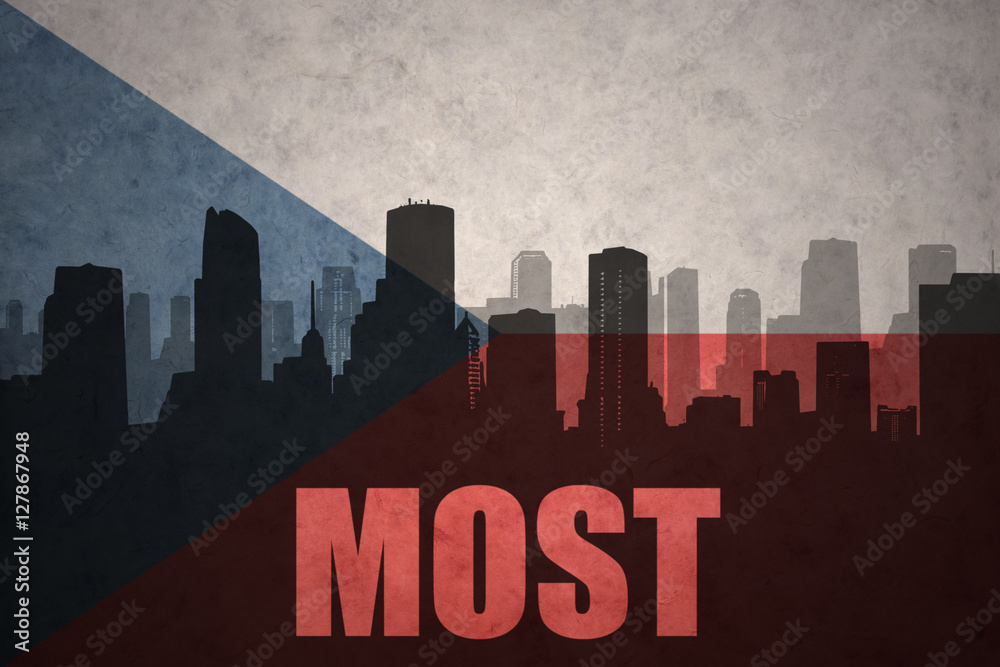 abstract silhouette of the city with text Most at the vintage czech republic flag