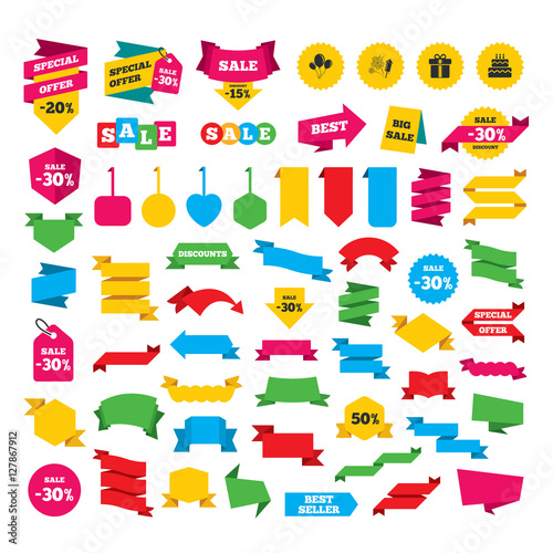 Web stickers, banners and labels. Birthday party icons. Cake and gift box signs. Air balloons and fireworks symbol. Special offer tags. Vector