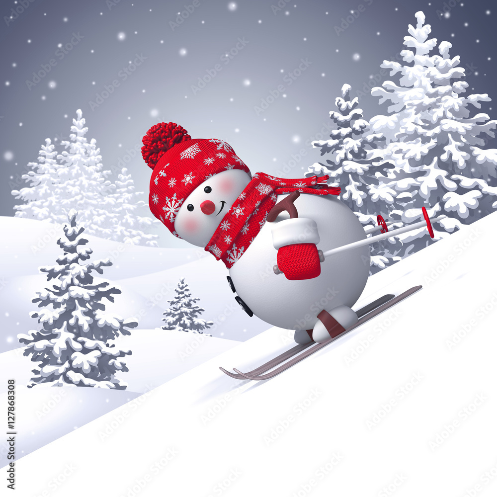 3d snowman sliding downhill, skiing, white Christmas holiday background, winter landscape, Happy