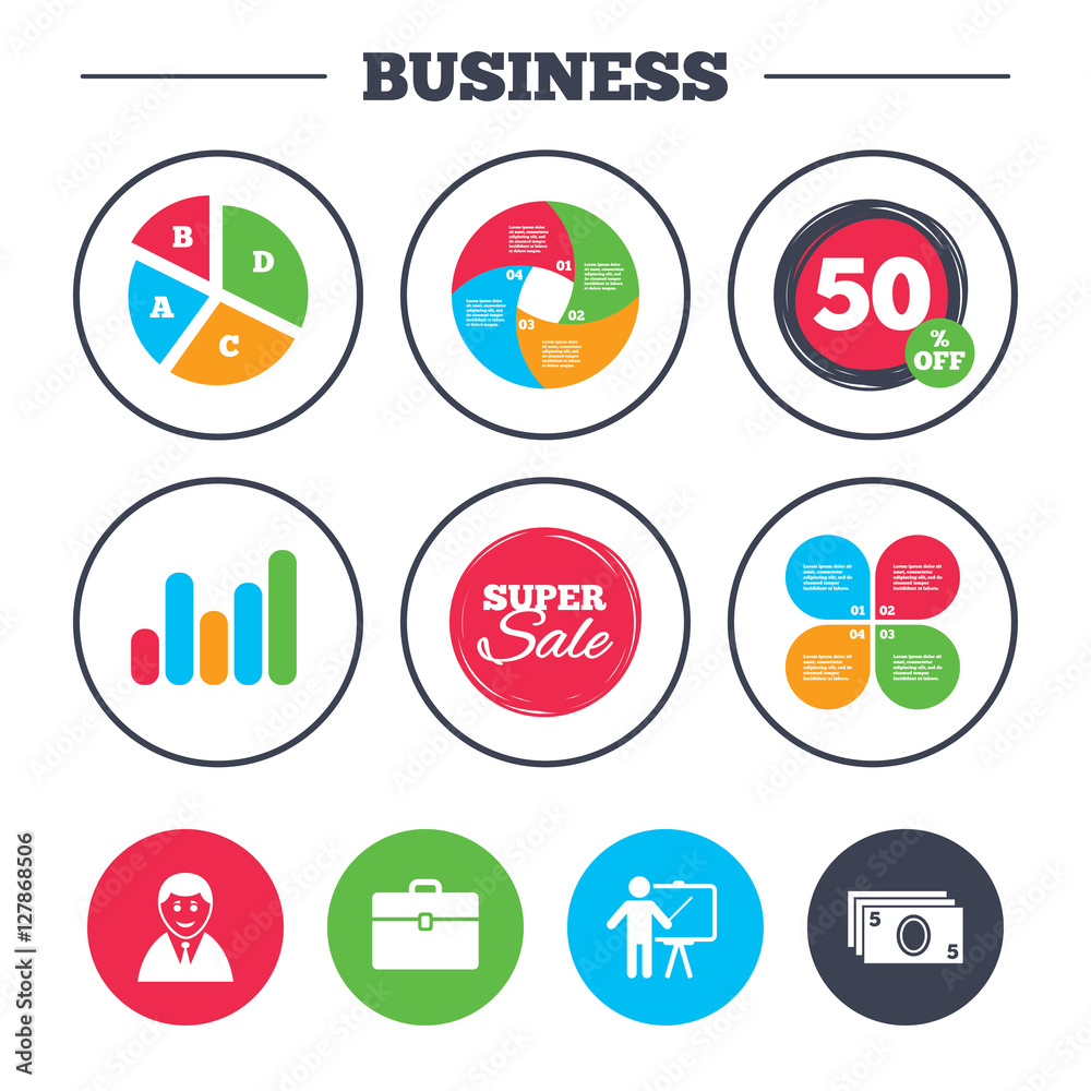 Business pie chart. Growth graph. Businessman icons. Human silhouette and cash money signs. Case and presentation symbols. Super sale and discount buttons. Vector