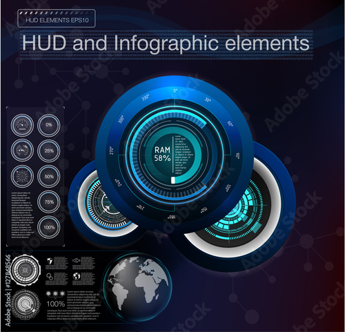 Abstract background with different elements of the hud. Hud elements,graph.Vector illustration.Head-up display elements for Info-graphic elements. Black and white.