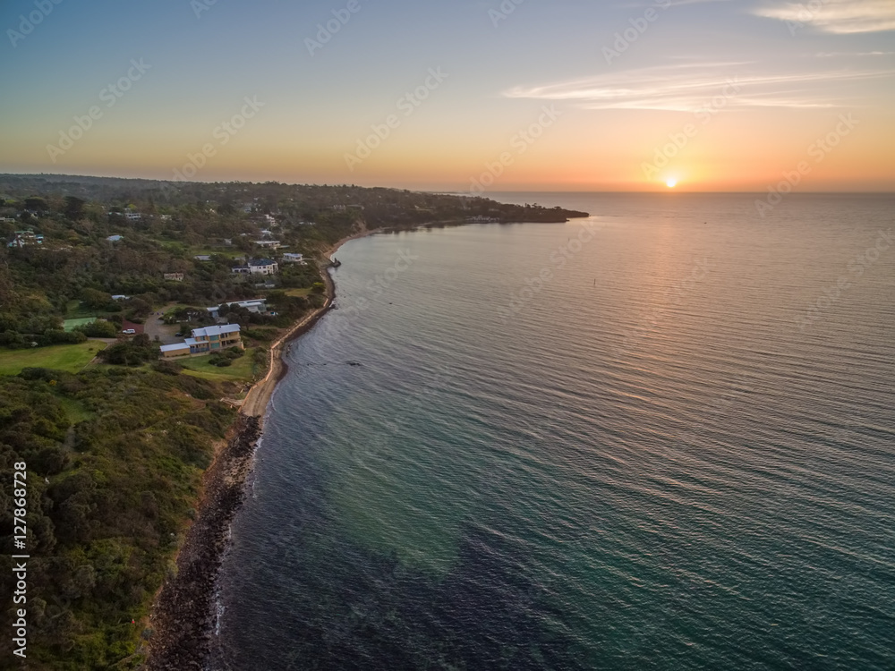 Aerial panorama of Mornington Peninsula coastline near Olivers Hill at beautiful sunset. Melbourne, Victoria, Australia