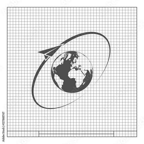 Airplane fly around the planet Earth. Logo.
