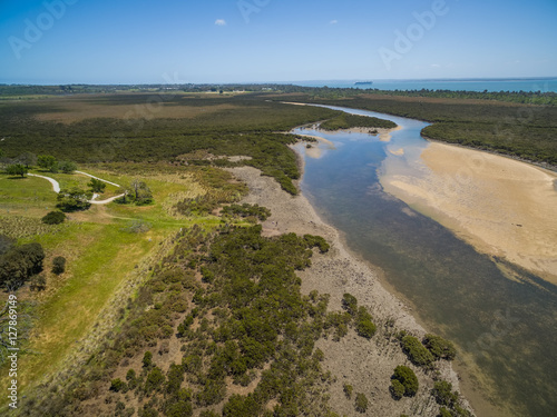 Aerial view of mangroves and countryside coastline at Rhyll. Phillip Island, Victoria, Australia © Greg Brave