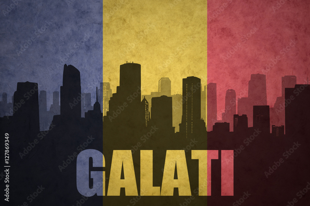 abstract silhouette of the city with text Galati at the vintage romanian flag