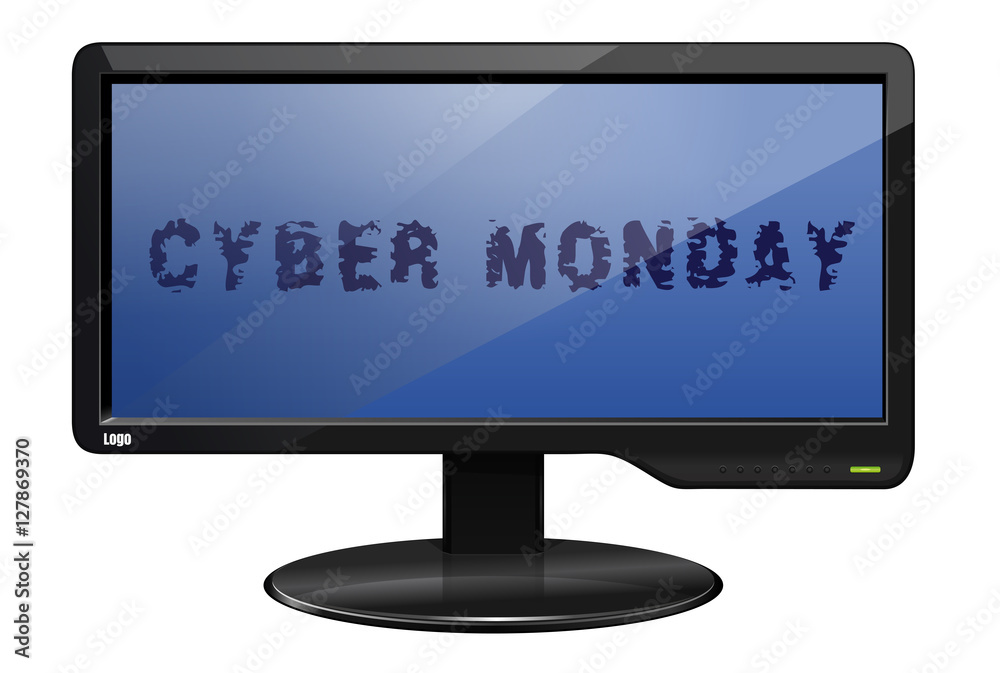 Cyber Monday design. Flat screen LCD TV monitor. Inscription on the monitor - Cyber Monday. Led TV. Plasma. Computer monitor isolated on white background. Realistic vector illustration Cyber Monday design. Flat screen LCD TV monitor. Inscription on the monitor - Cyber Monday. Led TV. Plasma. Computer monitor isolated on white background. Realistic vector illustration
