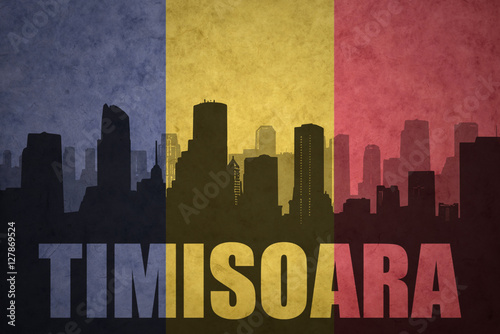 abstract silhouette of the city with text Timisoara at the vintage romanian flag