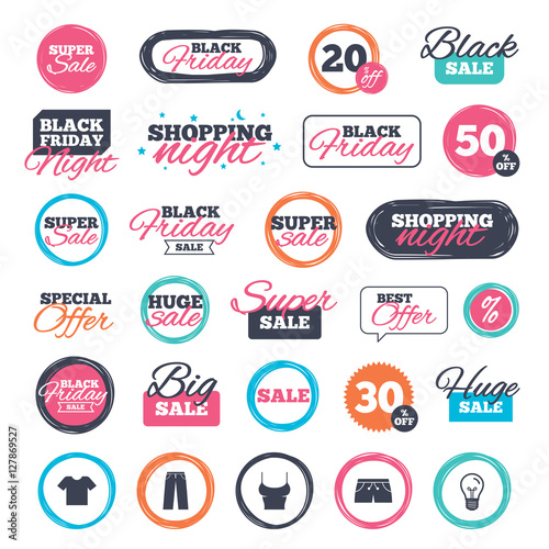 Sale shopping stickers and banners. Clothes icons. T-shirt and pants with shorts signs. Swimming trunks symbol. Website badges. Black friday. Vector