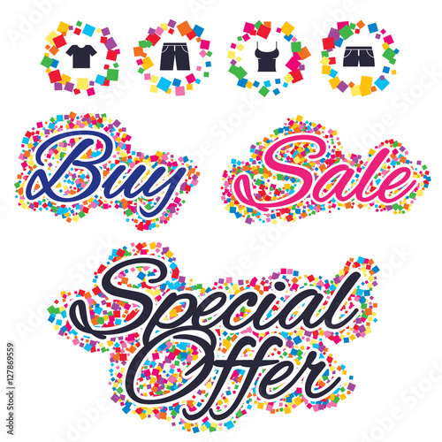 Sale confetti labels and banners. Clothes icons. T-shirt and pants with shorts signs. Swimming trunks symbol. Special offer sticker. Vector