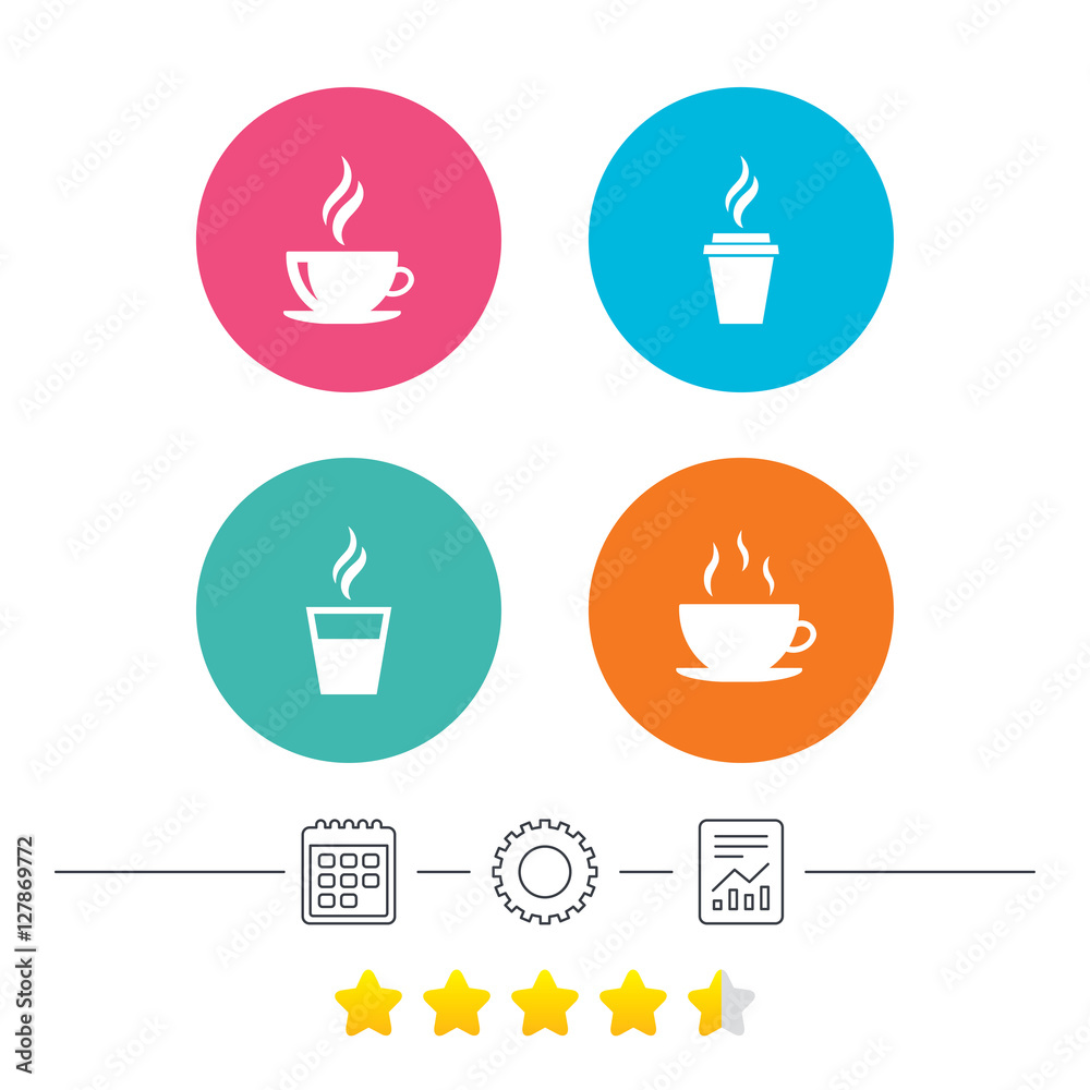 Coffee cup icon. Hot drinks glasses symbols. Take away or take-out tea beverage signs. Calendar, cogwheel and report linear icons. Star vote ranking. Vector